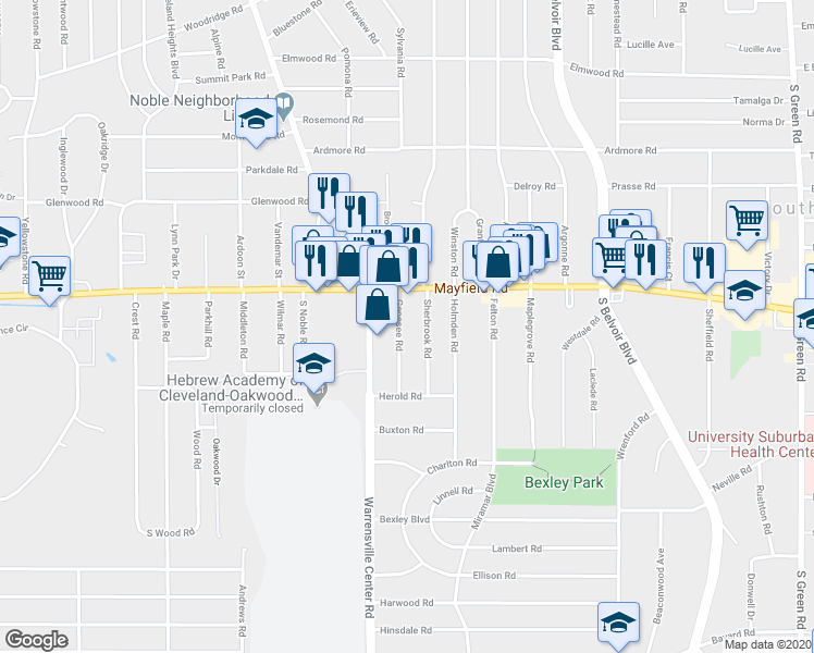 map of restaurants, bars, coffee shops, grocery stores, and more near 1470 Genesee Road in South Euclid