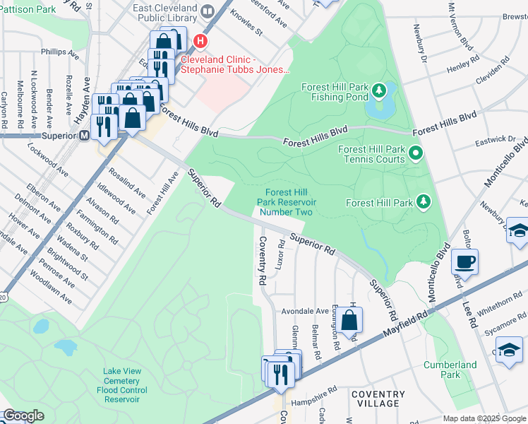 map of restaurants, bars, coffee shops, grocery stores, and more near 13965 Superior Road in East Cleveland