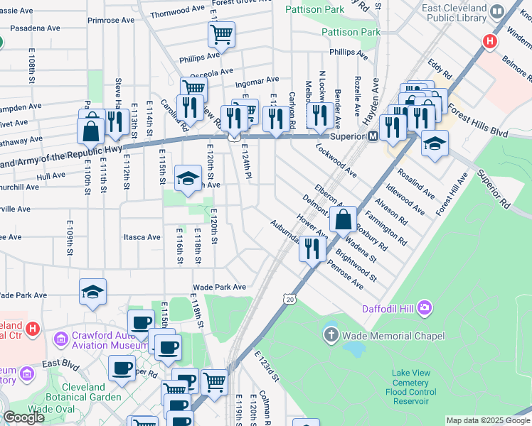 map of restaurants, bars, coffee shops, grocery stores, and more near 1404 East 125th Street in Cleveland