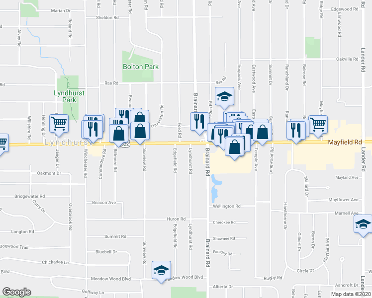 map of restaurants, bars, coffee shops, grocery stores, and more near 5584 Mayfield Road in Cleveland