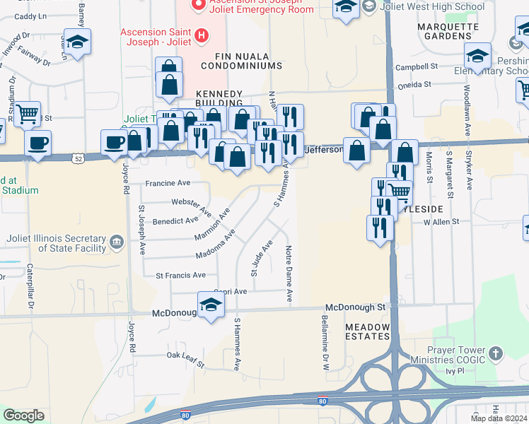 map of restaurants, bars, coffee shops, grocery stores, and more near 113 South Hammes Avenue in Joliet
