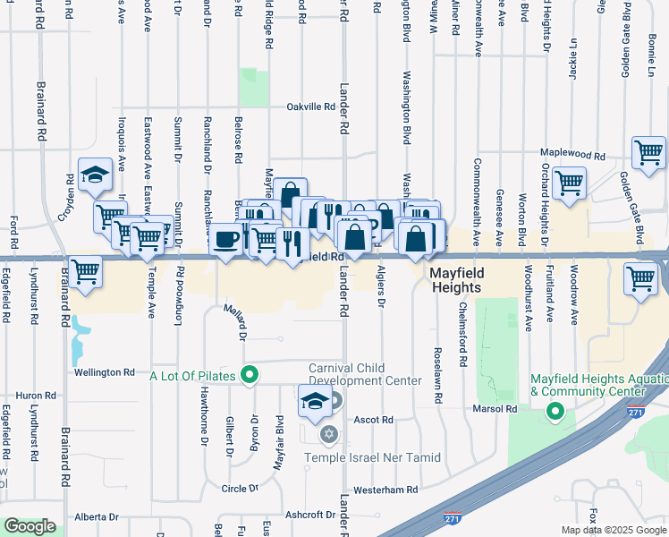 map of restaurants, bars, coffee shops, grocery stores, and more near 5994 Mayfield Road in Mayfield Heights