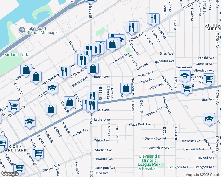 map of restaurants, bars, coffee shops, grocery stores, and more near 59 East 59th Street in Cleveland
