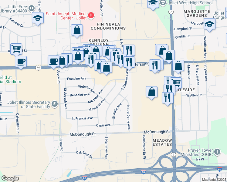 map of restaurants, bars, coffee shops, grocery stores, and more near 112 Madonna Avenue in Joliet