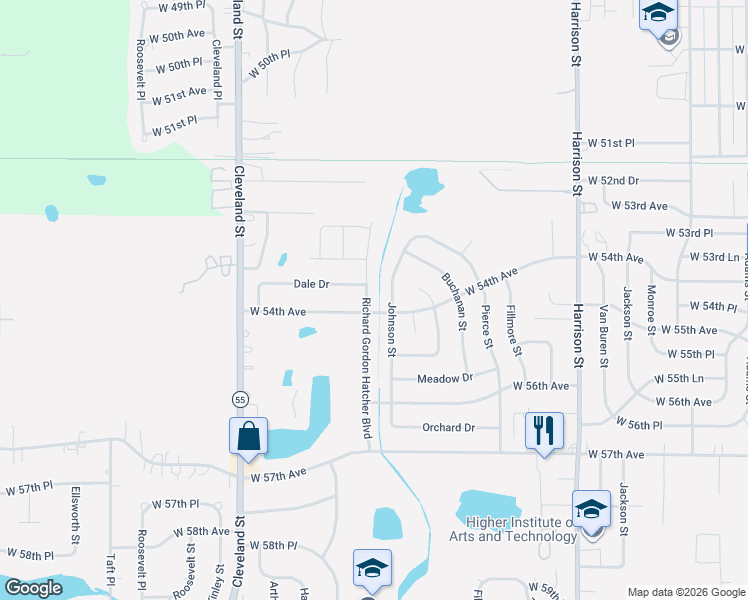 map of restaurants, bars, coffee shops, grocery stores, and more near 5360 johnson Street in Merrillville