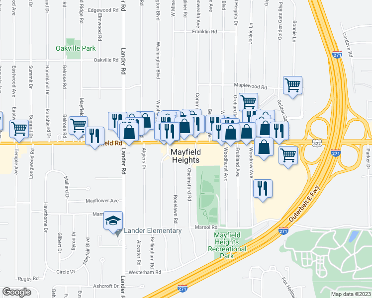 map of restaurants, bars, coffee shops, grocery stores, and more near 6154 Mayfield Road in Mayfield Heights