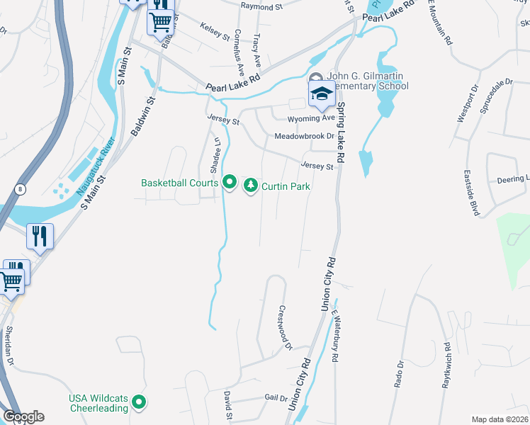 map of restaurants, bars, coffee shops, grocery stores, and more near 99 Spring Brook Road in Waterbury