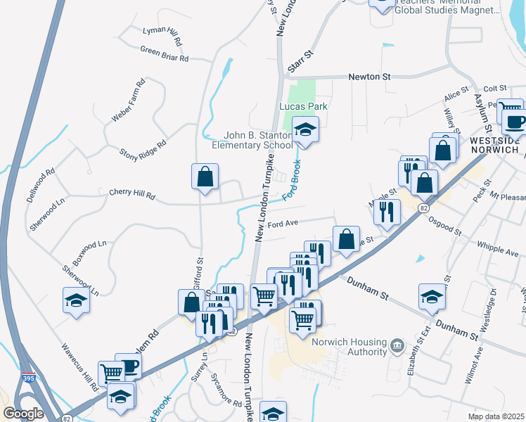 map of restaurants, bars, coffee shops, grocery stores, and more near 2 Thomas Avenue in Norwich