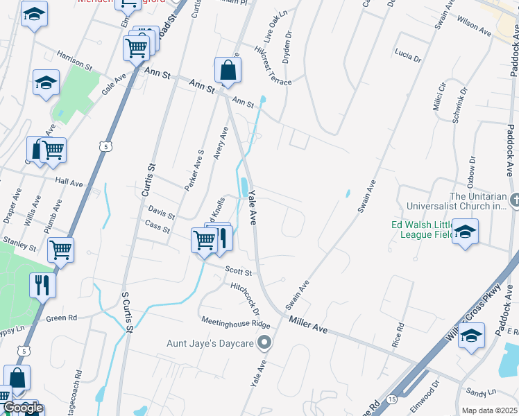 map of restaurants, bars, coffee shops, grocery stores, and more near 208 Yale Avenue in Meriden