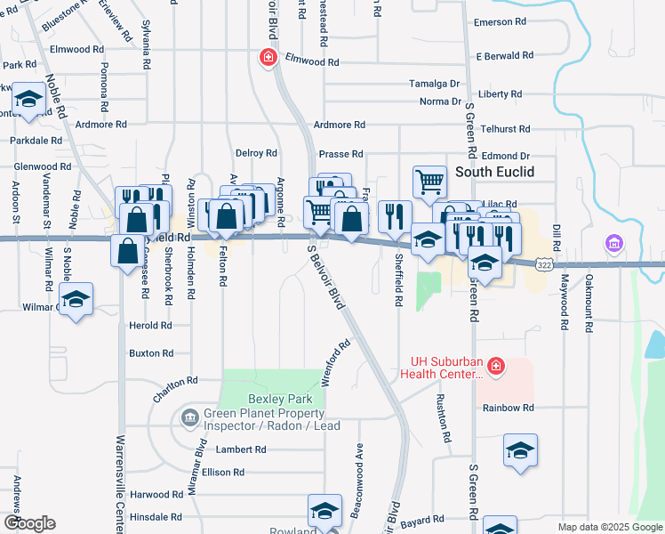 map of restaurants, bars, coffee shops, grocery stores, and more near 1475 South Belvoir Boulevard in South Euclid