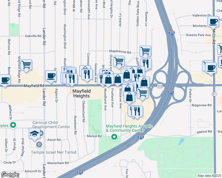 map of restaurants, bars, coffee shops, grocery stores, and more near 6268 Mayfield Road in Mayfield Heights