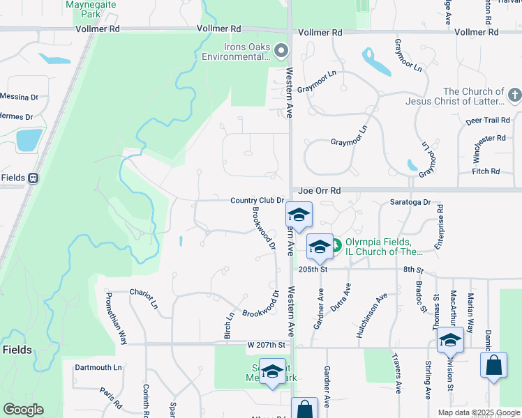 map of restaurants, bars, coffee shops, grocery stores, and more near 301 Brookwood Drive in Olympia Fields