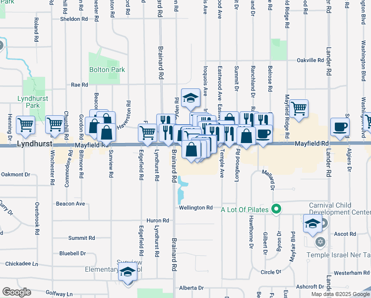 map of restaurants, bars, coffee shops, grocery stores, and more near 5654 Mayfield Road in Lyndhurst