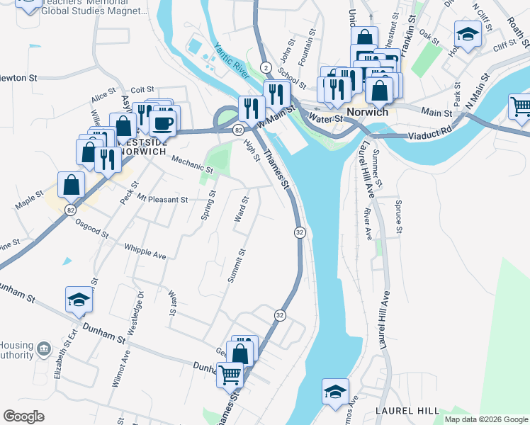 map of restaurants, bars, coffee shops, grocery stores, and more near 69 Summit Street in Norwich