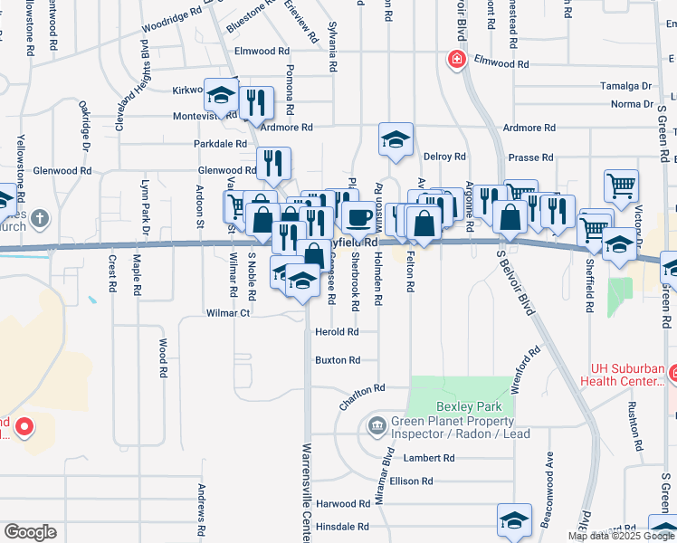 map of restaurants, bars, coffee shops, grocery stores, and more near 1470 Genesee Road in South Euclid