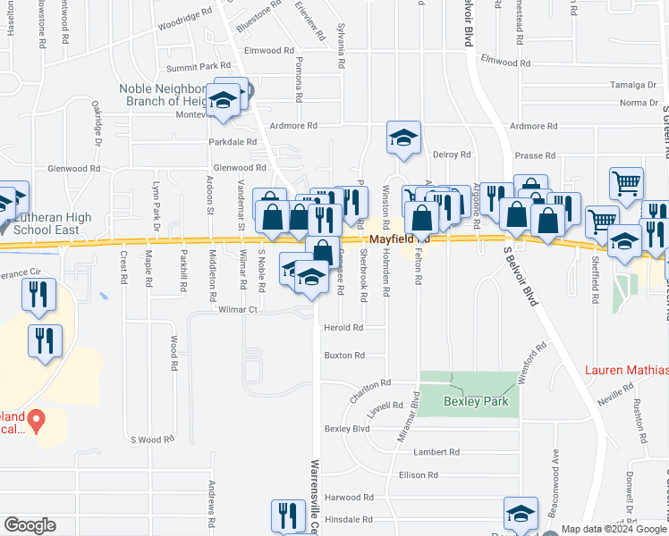 map of restaurants, bars, coffee shops, grocery stores, and more near 1470 Genesee Road in South Euclid
