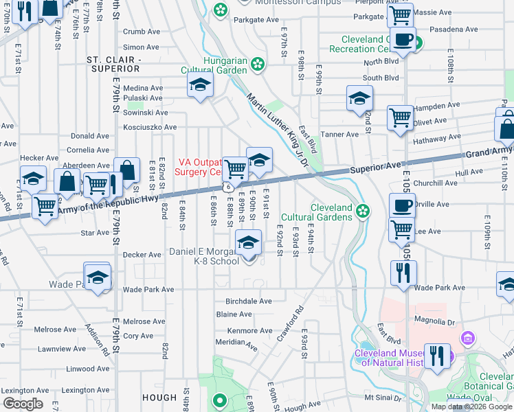 map of restaurants, bars, coffee shops, grocery stores, and more near 1319 East 89th Street in Cleveland