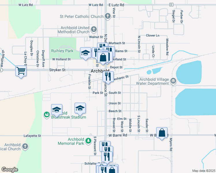 map of restaurants, bars, coffee shops, grocery stores, and more near 104 S Defiance St in Archbold