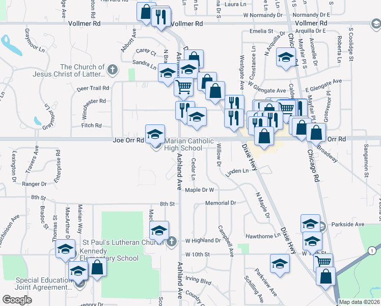 map of restaurants, bars, coffee shops, grocery stores, and more near 283 Spruce Lane in Chicago Heights
