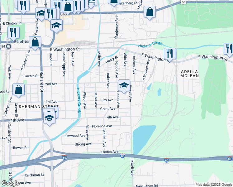 map of restaurants, bars, coffee shops, grocery stores, and more near 703 Whitley Avenue in Joliet