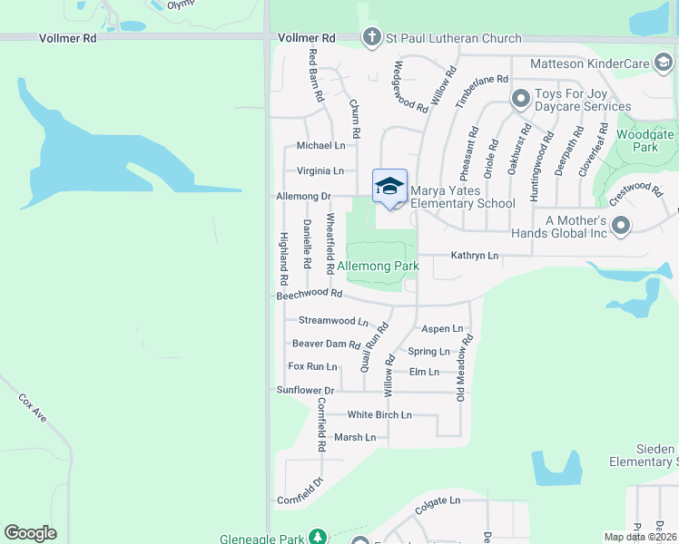map of restaurants, bars, coffee shops, grocery stores, and more near 425 Wheatfield Road in Matteson