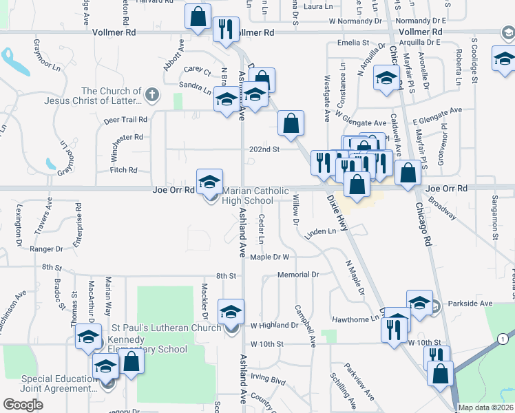 map of restaurants, bars, coffee shops, grocery stores, and more near 283 Spruce Lane in Chicago Heights