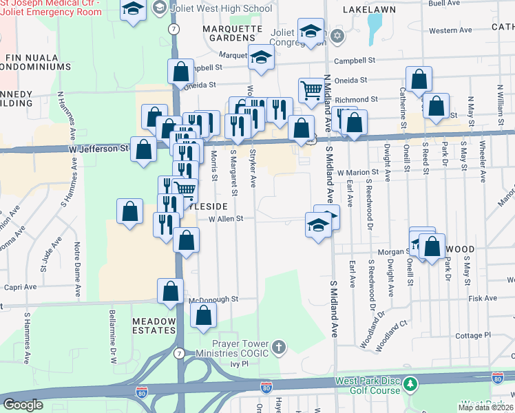 map of restaurants, bars, coffee shops, grocery stores, and more near 1421 Woodbridge Road in Joliet