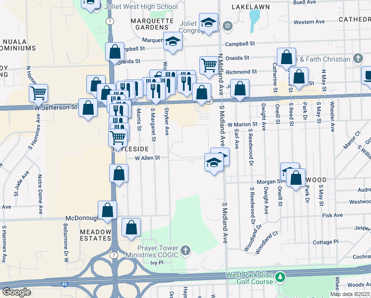 map of restaurants, bars, coffee shops, grocery stores, and more near 1502 Woodbridge Road in Joliet