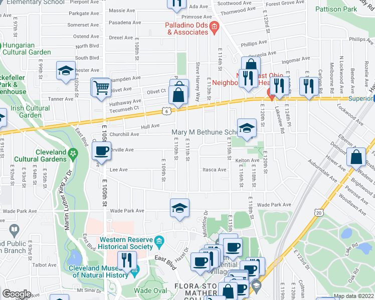 map of restaurants, bars, coffee shops, grocery stores, and more near East 111th Street in Cleveland