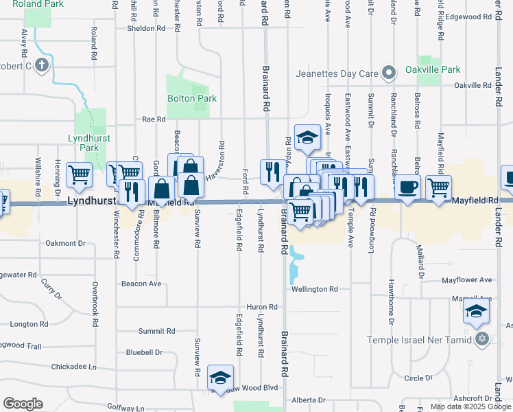 map of restaurants, bars, coffee shops, grocery stores, and more near 5584 Mayfield Road in Cleveland