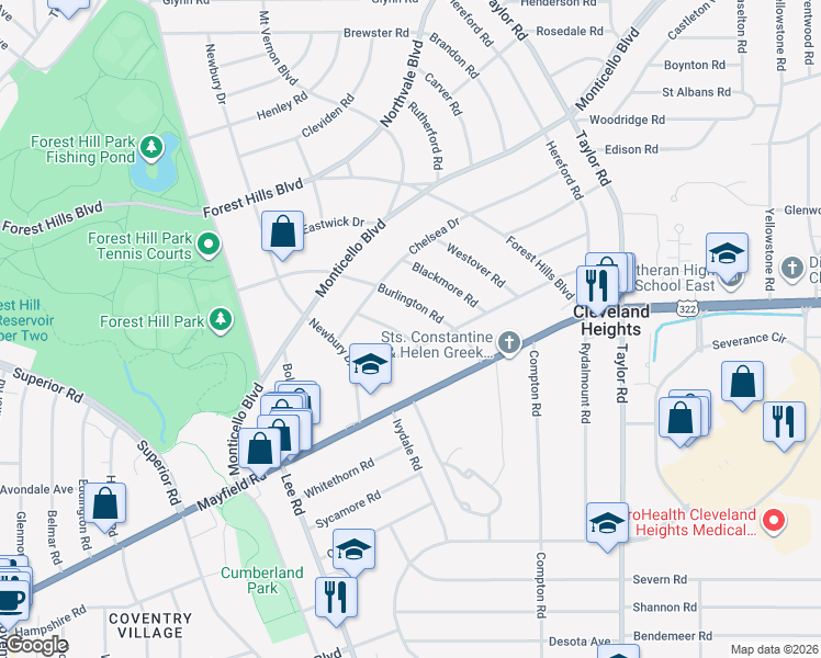 map of restaurants, bars, coffee shops, grocery stores, and more near 1555 Kew Road in Cleveland Heights
