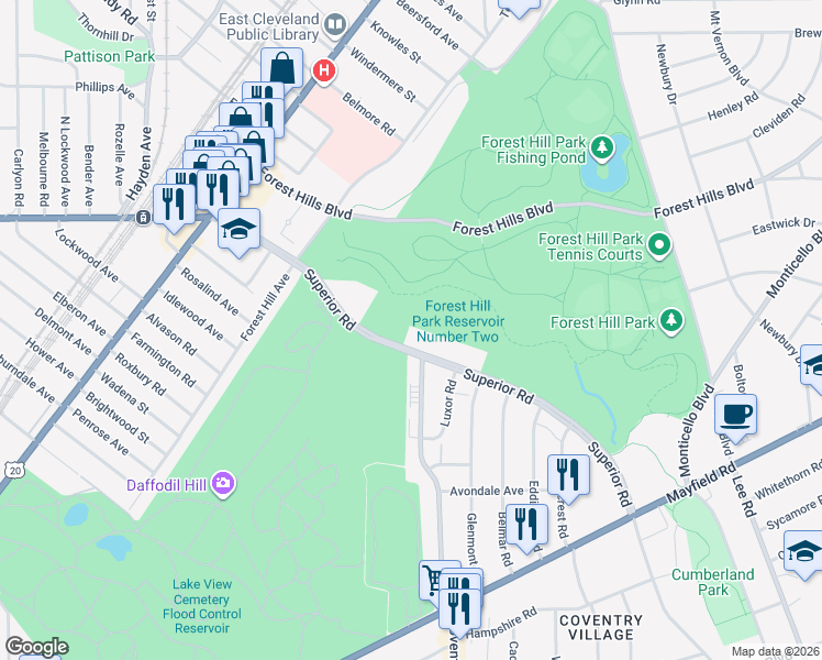 map of restaurants, bars, coffee shops, grocery stores, and more near 13945 Superior Road in East Cleveland