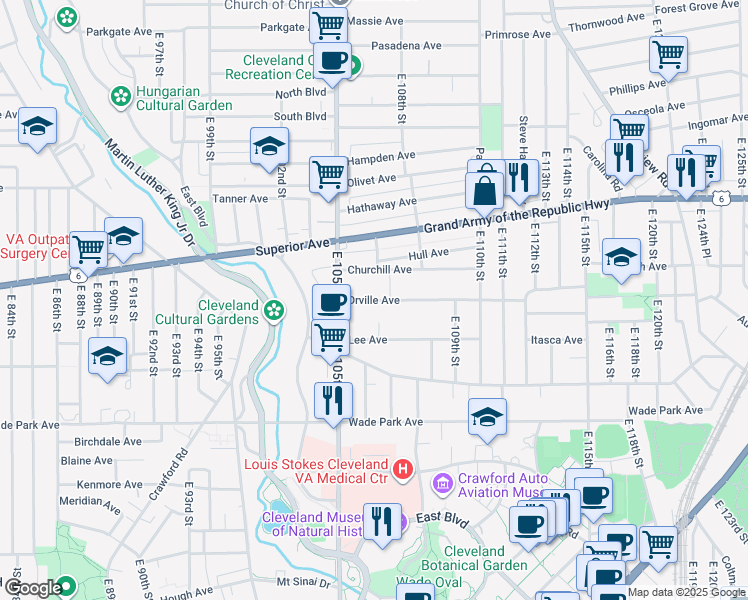 map of restaurants, bars, coffee shops, grocery stores, and more near 10626 Orville Avenue in Cleveland