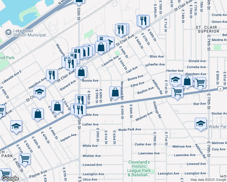 map of restaurants, bars, coffee shops, grocery stores, and more near 6302 Edna Avenue in Cleveland