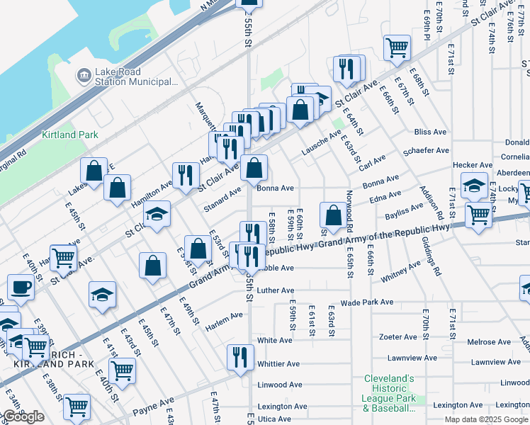 map of restaurants, bars, coffee shops, grocery stores, and more near 5648 Prosser Avenue in Cleveland