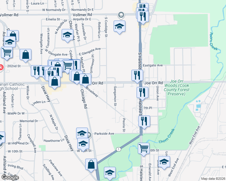 map of restaurants, bars, coffee shops, grocery stores, and more near 615 Sangamon Street in Chicago Heights