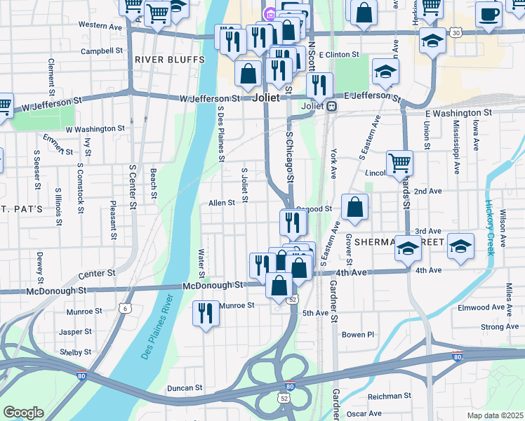 map of restaurants, bars, coffee shops, grocery stores, and more near 201 South Ottawa Street in Joliet