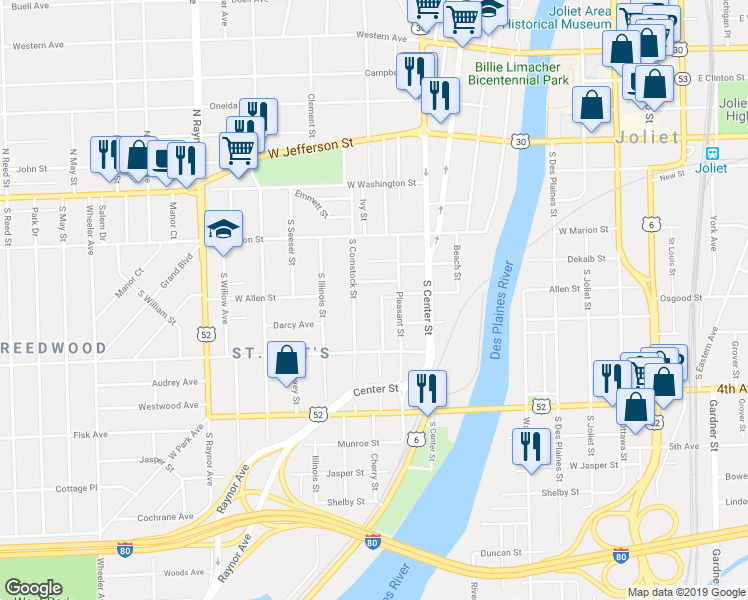 map of restaurants, bars, coffee shops, grocery stores, and more near 201 Hyde Park Avenue in Joliet