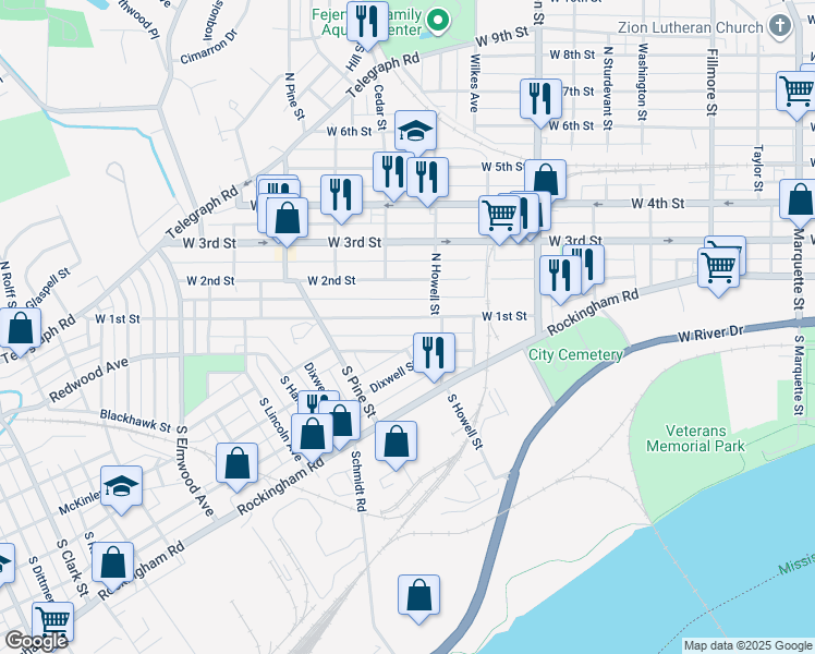 map of restaurants, bars, coffee shops, grocery stores, and more near 1913 West 1st Street in Davenport