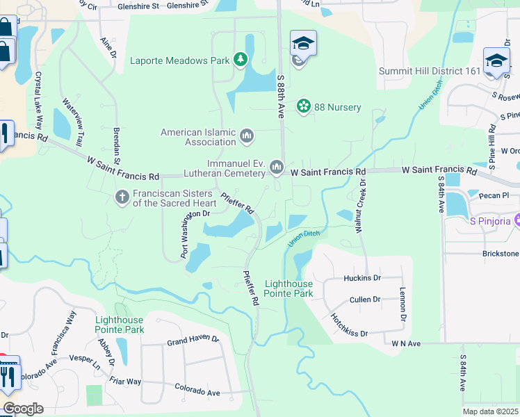 map of restaurants, bars, coffee shops, grocery stores, and more near 20400 Mackinac Point Drive in Frankfort