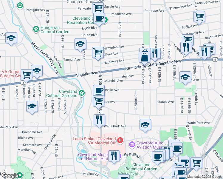 map of restaurants, bars, coffee shops, grocery stores, and more near 10626 Orville Avenue in Cleveland