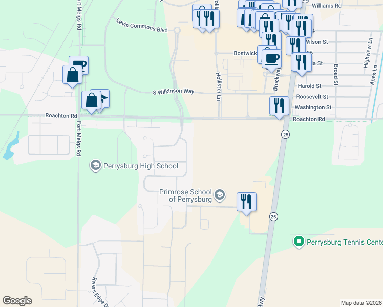 map of restaurants, bars, coffee shops, grocery stores, and more near 1557 Horseshoe Bend Drive in Perrysburg