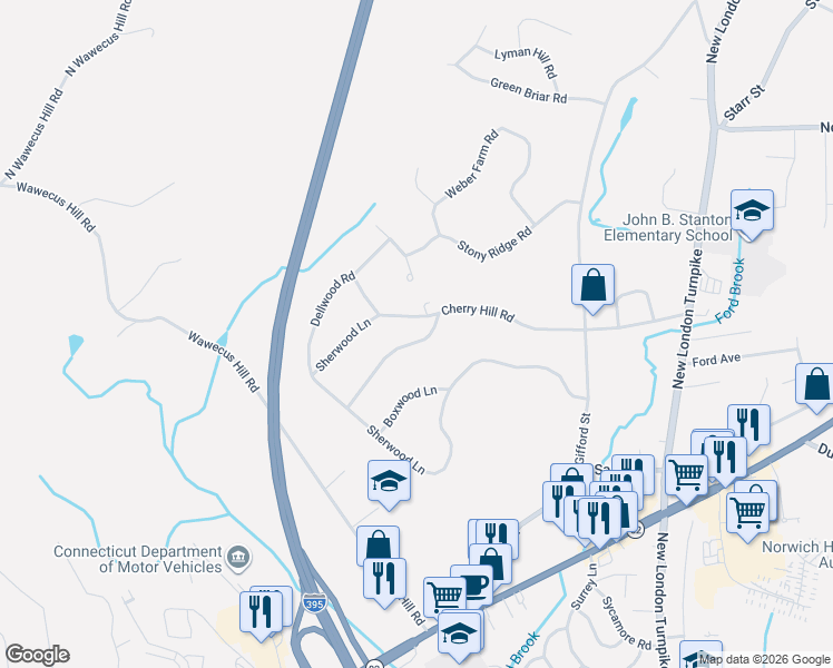 map of restaurants, bars, coffee shops, grocery stores, and more near 39 Cherry Hill Road in Norwich