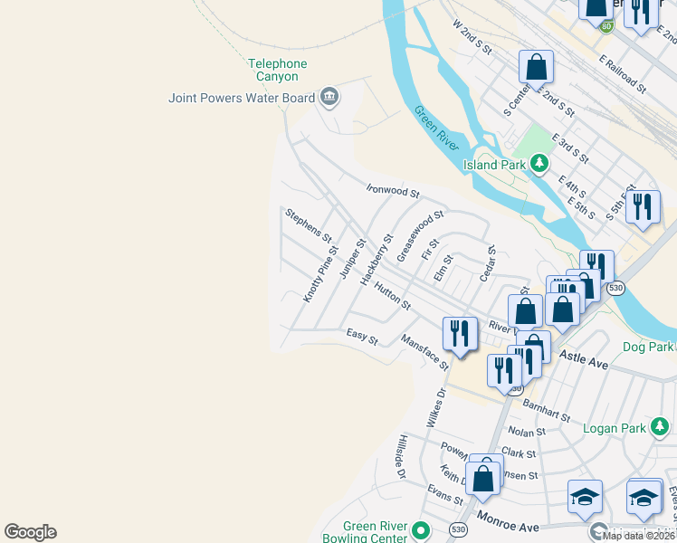 map of restaurants, bars, coffee shops, grocery stores, and more near 505 Juniper St in Green River