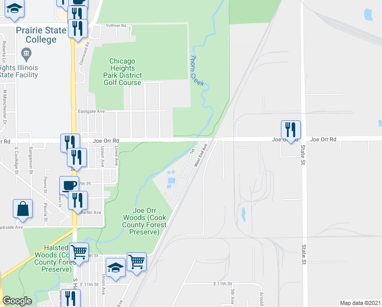 map of restaurants, bars, coffee shops, grocery stores, and more near 1st in Chicago Heights