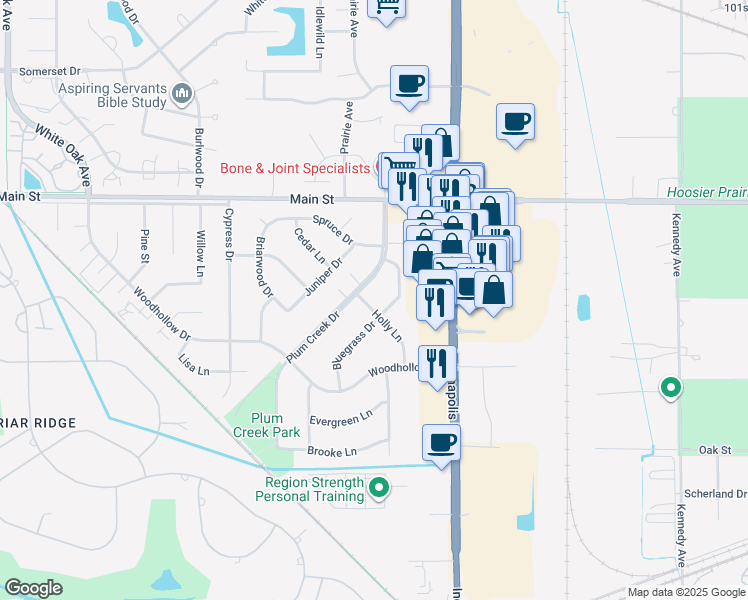 map of restaurants, bars, coffee shops, grocery stores, and more near 142 Bluegrass Drive in Schererville