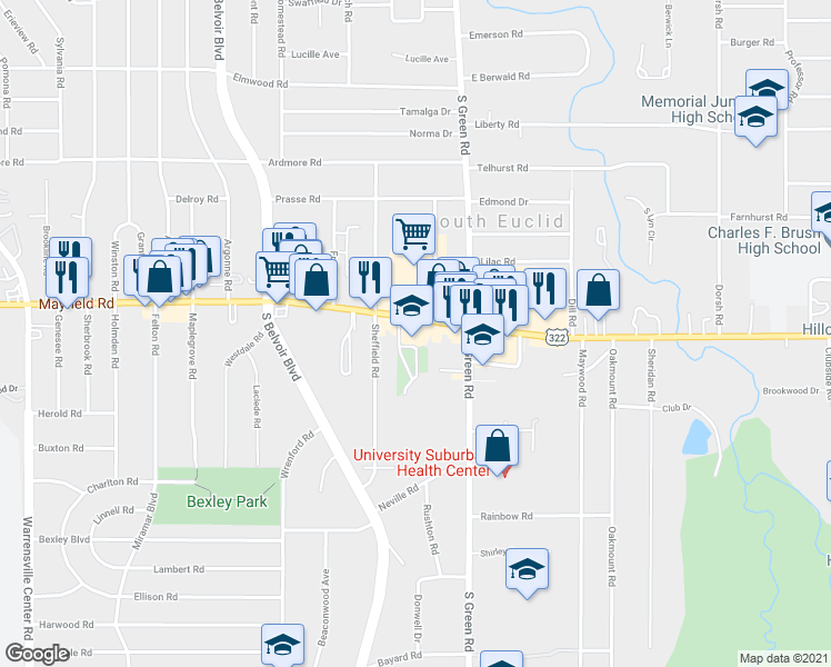 map of restaurants, bars, coffee shops, grocery stores, and more near 4386 Mayfield Rd in South Euclid