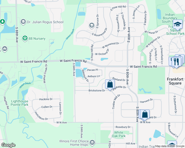 map of restaurants, bars, coffee shops, grocery stores, and more near 8252 Auburn Lane in Frankfort