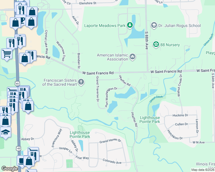 map of restaurants, bars, coffee shops, grocery stores, and more near 9045 Big Sable Point in Frankfort