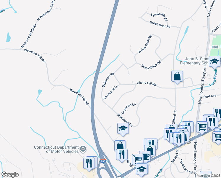 map of restaurants, bars, coffee shops, grocery stores, and more near 21 Sherwood Lane in Norwich